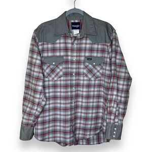 Wrangler Brushpopper Plaid Gray Red Pearl Snap Long Sleeve Shirt Men Size Large